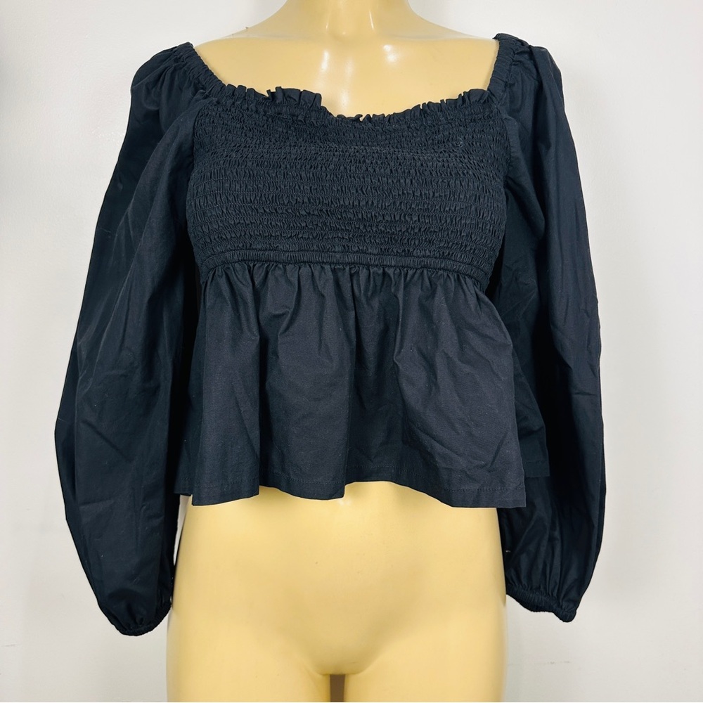 J.Crew Smocked Puff Sleeve Top Sz L Long Sleeves Cotton Black Shirt Crop